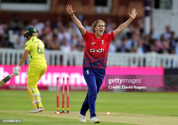 Nat Sciver-Brunt of England celebrates after taking the wicket of Ashleigh Gardner during the Women's Ashes 3rd Vitality IT20 match between England...