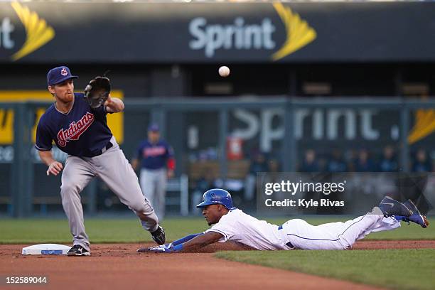 Jarrod Dyson of the Kansas City Royals slides safely into second past Cord Phelps of the Cleveland Indians in the first inning on September 22, 2012...