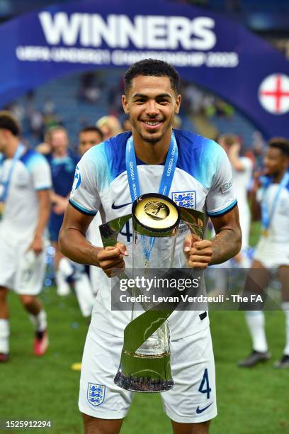 Levi Colwill of England pose with the trophy after winning the UEFA Under-21 Euro 2023 final match between England and Spain at Batumi Arena on July...