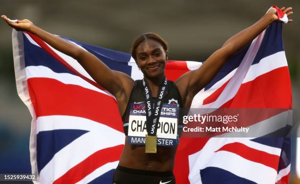 Dina Asher Smith of Blackheath celebrates after winning the Women's 100m Final during Day One of the UK Athletics Championships at Manchester...