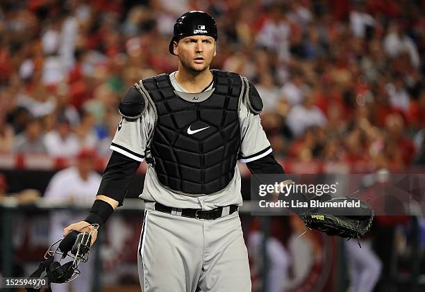 Catcher A.J. Pierzynski of the Chicago White Sox reacts in the fourth inning against the Los Angeles Angels of Anaheim at Angel Stadium of Anaheim on...