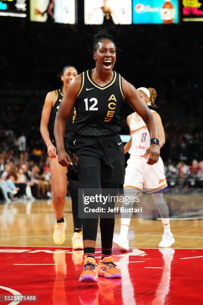 Chelsea Gray of the Las Vegas Aces reacts during the game against the Phoenix Mercury on July 11, 2023 at Michelob ULTRA Arena in Las Vegas, Nevada....