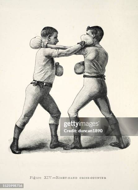 two boxers, boxing positions, right hand cross counter punch, victorian combat sports, 19th century - style stock illustrations