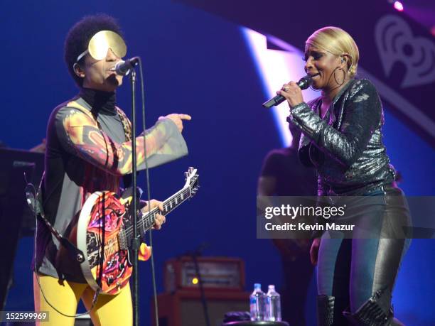 Prince and Mary J Blige perform onstage during the 2012 iHeartRadio Music Festival at the MGM Grand Garden Arena on September 22, 2012 in Las Vegas,...