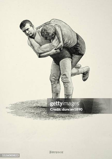 two wrestlers, wrestling move, buttock throw, victorian combat sports, 19th century - buttock stock illustrations