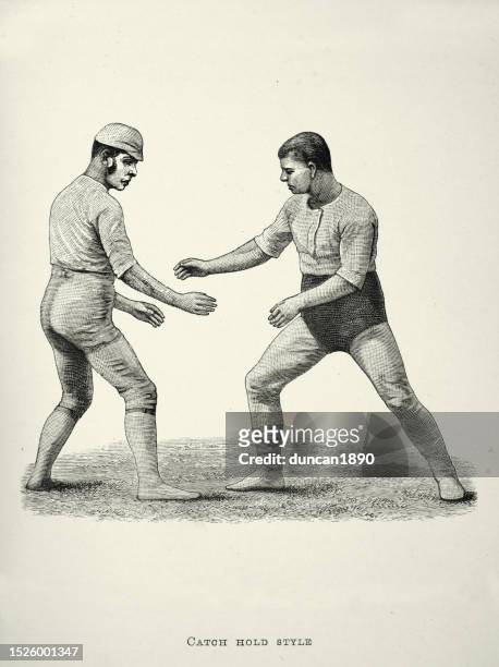 two wrestlers, wrestling move, catch hold style, victorian combat sports, 19th century - fighting stance stock illustrations