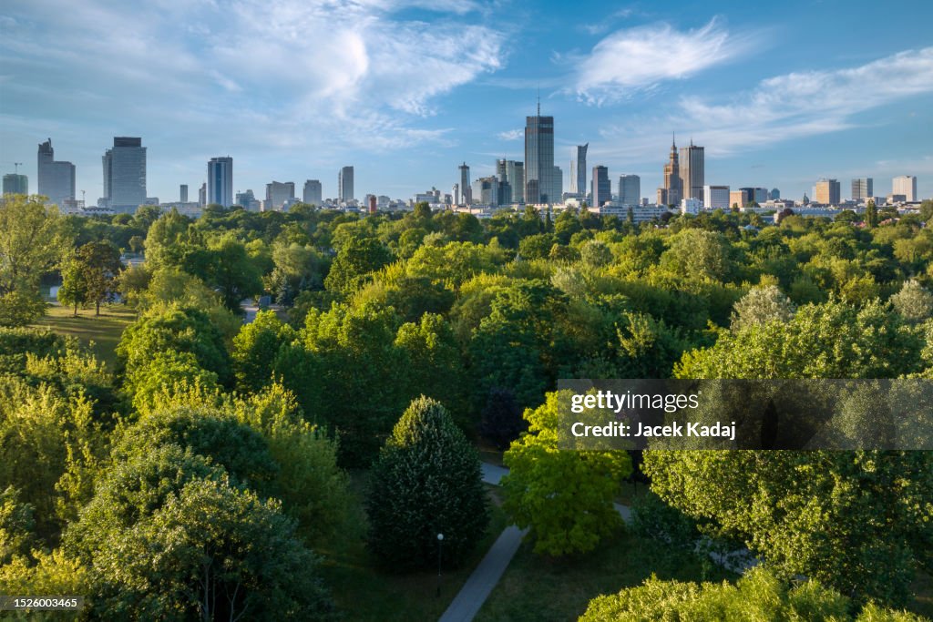 Top drone view of Warsaw from Pole mokotowskie park