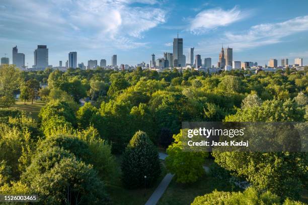 top drone view of warsaw from pole mokotowskie park - warsaw stock pictures, royalty-free photos & images
