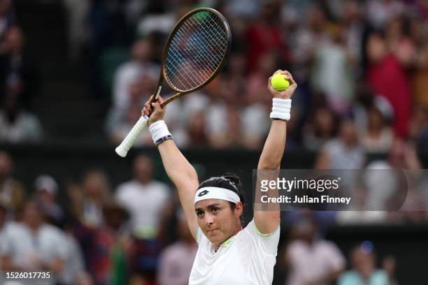Ons Jabeur of Tunisia celebrates winning match point against Bianca Andreescu of Canada in the Women's Singles third round match during day six of...