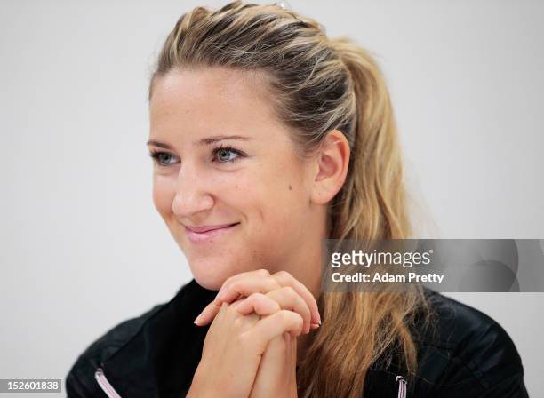 Victoria Azarenka of Belarus talks to the media during "all access hour" during day one of the Toray Pan Pacific Open at Ariake Colosseum on...