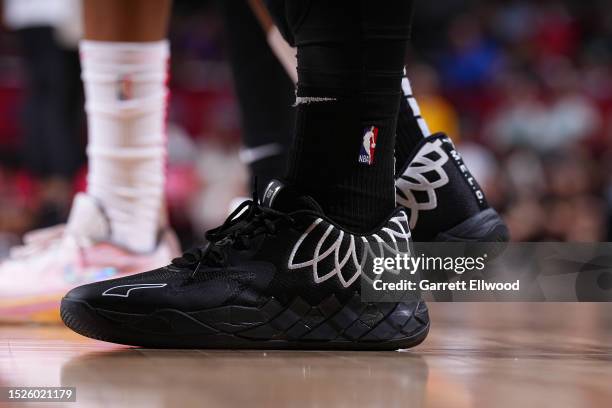 The sneakers worn by Sidy Cissoko of the San Antonio Spurs during the 2023 NBA Las Vegas Summer League against the Washington Wizards on July 11,...