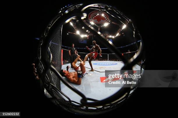 Jon "Bones" Jones kicks Vitor Belfort during their light heavyweight championship bout at UFC 152 inside Air Canada Centre on September 22, 2012 in...