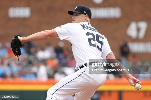 Matt Manning of the Detroit Tigers throws a second inning pitch against the Toronto Blue Jays at Comerica Park on July 08, 2023 in Detroit, Michigan.