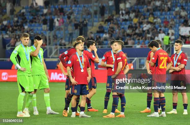 The Spain team show dejection after losing the UEFA Under-21 Euro 2023 final match between England and Spain at Batumi Arena on July 8, 2023 in...