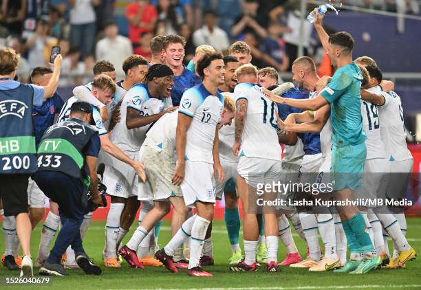 The England team celebrate after winning the UEFA Under-21 Euro 2023 final match between England and Spain at Batumi Arena on July 8, 2023 in Batumi,...