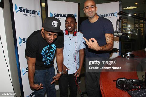 Host DJ Whoo Kid, rapper Kendrick Lamar and host of Ave A Soundcheck Nima Yamini invade "The Whoolywood Shuffle" at SiriusXM Studio on September 18,...