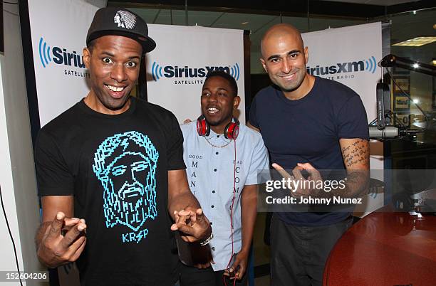 Host DJ Whoo Kid, rapper Kendrick Lamar and host of Ave A Soundcheck Nima Yamini invade "The Whoolywood Shuffle" at SiriusXM Studio on September 18,...