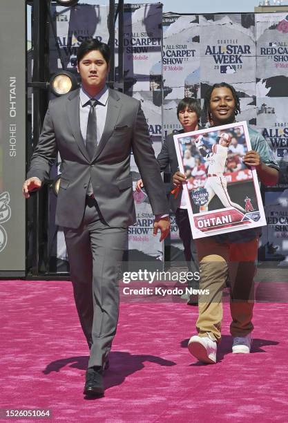 Shohei Ohtani of the Los Angeles Angels appears at Major League Baseball's red carpet show ahead of the All-Star Game in Seattle on July 11, 2023.