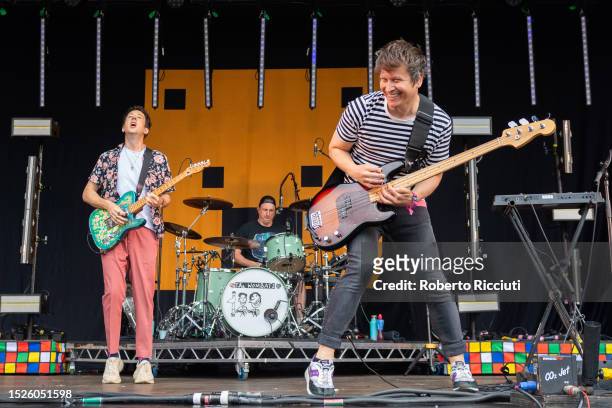 Dan Hagvgis and Tord Øverland Knudsen of The Wombats perform on stage on the second day of the TRNSMT Festival 2023 at Glasgow Green on July 08, 2023...