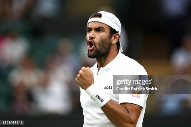 Matteo Berrettini of Italy reacts against Alexander Zverev of Germany in the Men's Singles third round match during day six of The Championships...