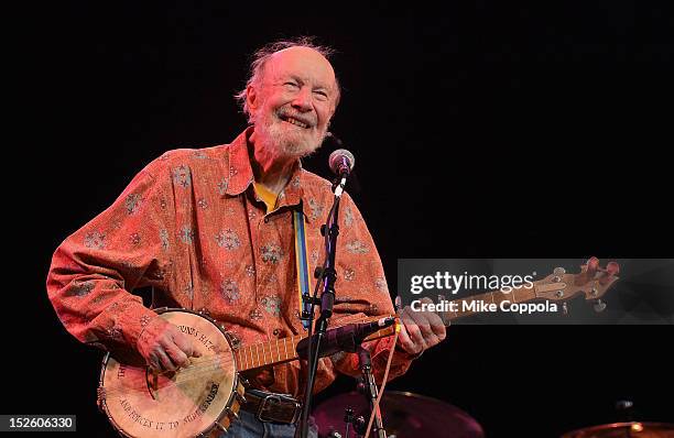 Singer Pete Seeger performs during the 'This Land Is Your Land' Woody Guthrie At 100 Concert as part of the Woody Guthrie Centennial Celebration at...