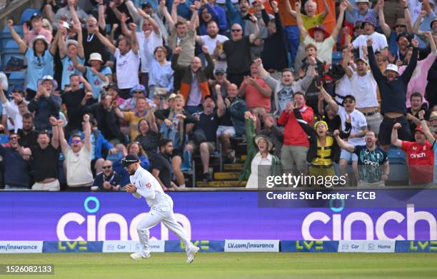 The Western Terrace celebrate as England fielder Ben Duckett takes the catch to dismiss Travis Head during day three of the LV= Insurance Ashes 3rd...