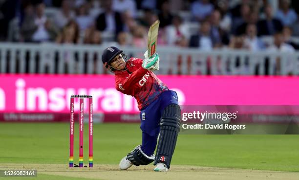 Sophie Dunkley of England palys the ball during the Women's Ashes 3rd Vitality IT20 match between England and Australia at Lord's Cricket Ground on...