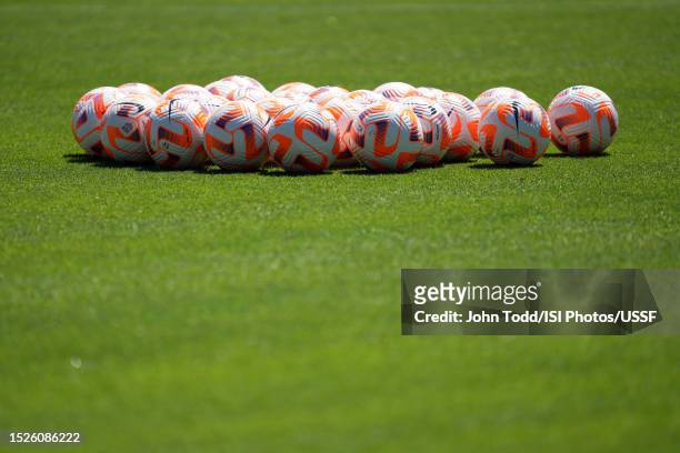 Soccer balls lay on the field during training at PayPal Park on July 08, 2023 in San Jose, California.