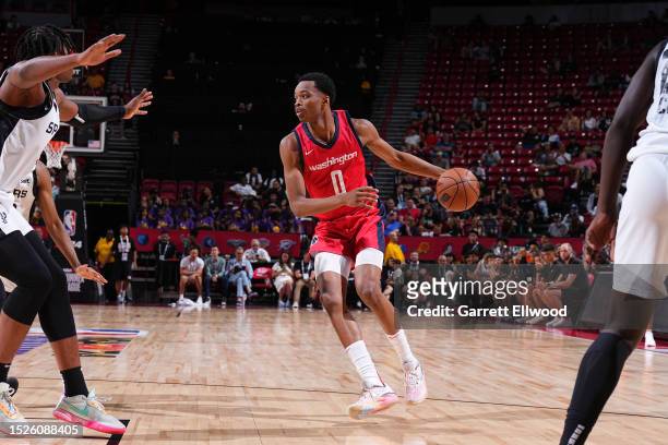 Bilal Coulibaly of the Washington Wizards dribbles the ball during the 2023 NBA Las Vegas Summer League against the San Antonio Spurs on July 11,...