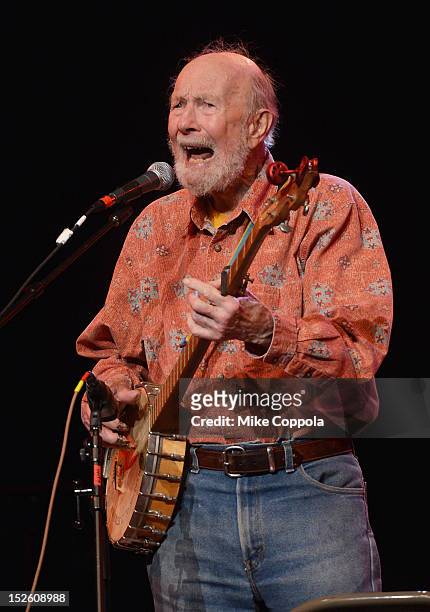 Singer Pete Seeger performs during the 'This Land Is Your Land' Woody Guthrie At 100 Concert as part of the Woody Guthrie Centennial Celebration at...