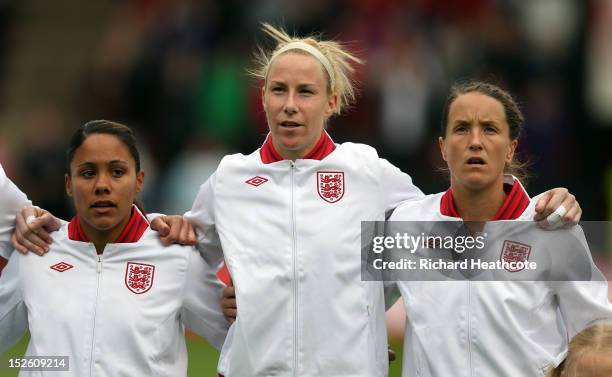 The England team line up for the national anthems during the UEFA Women's EURO 2013 Group 6 Qualifier between England and Croatia at the Bank's...