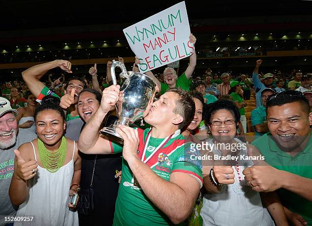 Luke Dalziel-Don of the Seagulls celebrates victory with fans after the Intrust Super Cup Grand Final match between the Wynnum Manly Seagulls and the...