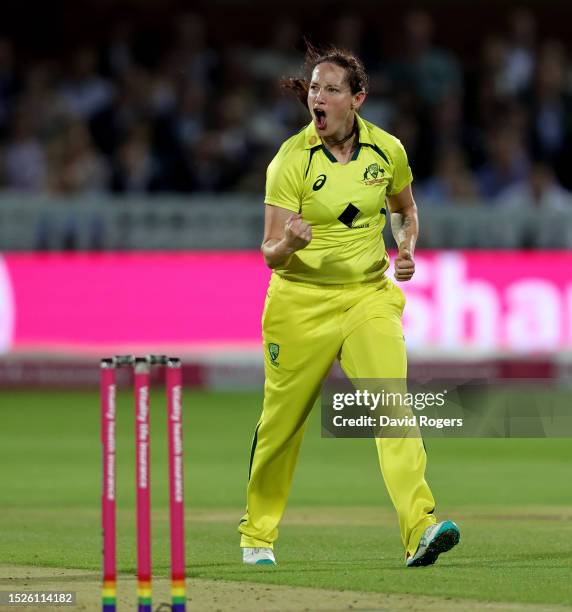 Megan Schutt of Australia celebrates after taking the wicket of Danni Wyatt during the Women's Ashes 3rd Vitality IT20 match between England and...