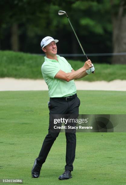 Jonas Blixt of Sweden plays his shot on the 18th hole during the third round of the John Deere Classic at TPC Deere Run on July 08, 2023 in Silvis,...