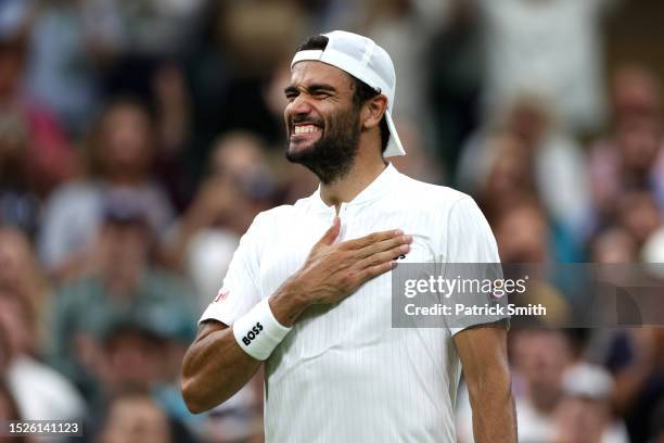 Matteo Berrettini of Italy celebrates winning match point against Alexander Zverev of Germany in the Men's Singles third round match during day six...