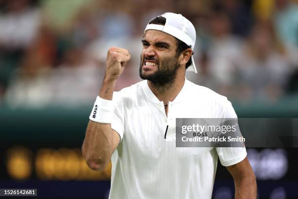 Matteo Berrettini of Italy celebrates winning match point against Alexander Zverev of Germany in the Men's Singles third round match during day six...