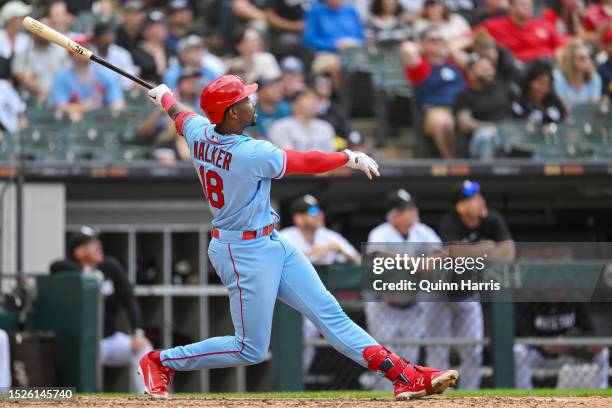 Jordan Walker of the St. Louis Cardinals hits a home run in the ninth inning against the Chicago White Sox at Guaranteed Rate Field on July 08, 2023...