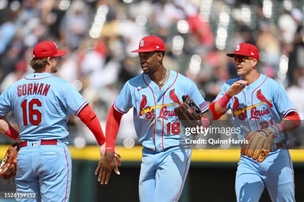 Jordan Walker of the St. Louis Cardinals celebrates the 3-0 win against the Chicago White Sox at Guaranteed Rate Field on July 08, 2023 in Chicago,...