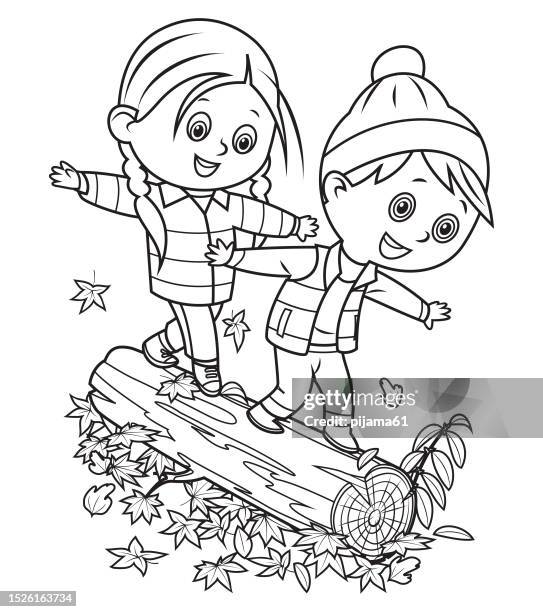 vektorillustration kinder, die spaß haben und auf baum im herbstwald balancieren - ausmalen stock-grafiken, -clipart, -cartoons und -symbole
