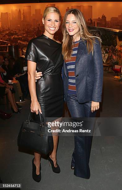 Michelle Hunziker and Gaia Trussardi attend the Trussardi Spring/Summer 2013 fashion show as part of Milan Womenswear Fashion Week on September 23,...