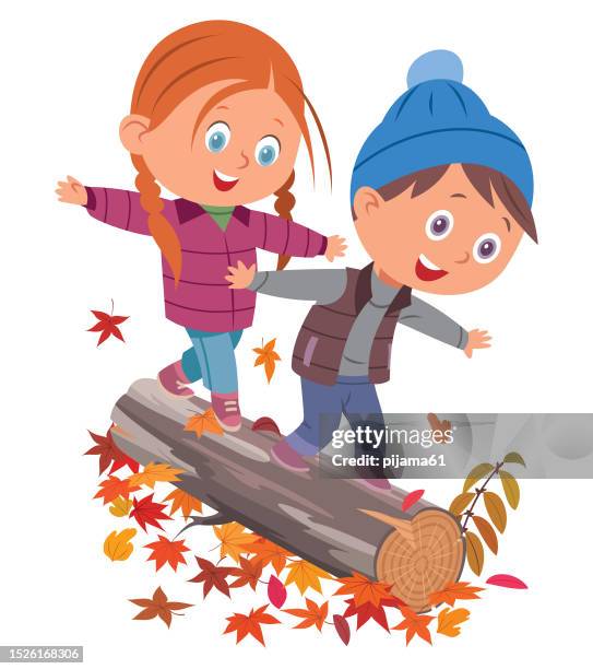 vector illustration children having fun and balancing on tree in fall woodland - playing outside cartoon stock illustrations