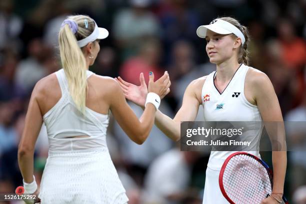 Elena Rybakina of Kazakhstan is congratulated by defeated Katie Boulter of Great Britain after the Women's Singles third round match during day six...