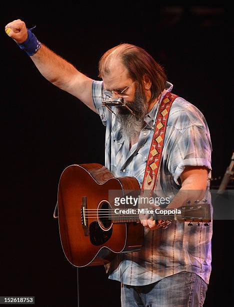 Singer/songwriter Steve Earle performs during the 'This Land Is Your Land' Woody Guthrie At 100 Concert as part of the Woody Guthrie Centennial...