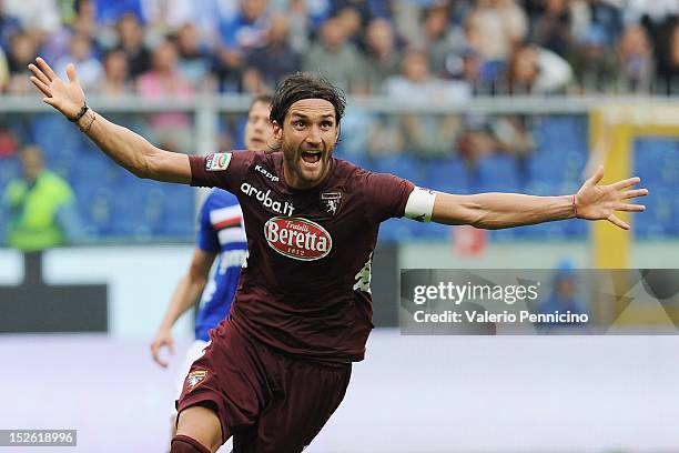 Rolando Bianchi of Torino FC celebrates after scoring the opening goal during the Serie A match between UC Sampdoria and Torino FC at Stadio Luigi...