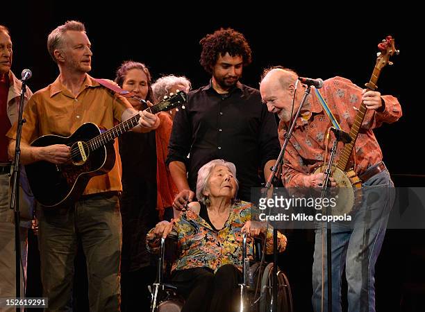 Billy Bragg, Toshi Seeger, and Pete Seeger on stage during the 'This Land Is Your Land' Woody Guthrie At 100 Concert as part of the Woody Guthrie...