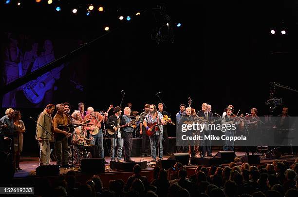Billy Bragg , Pete Seeger and Steve Earle perform during the 'This Land Is Your Land' Woody Guthrie At 100 Concert as part of the Woody Guthrie...