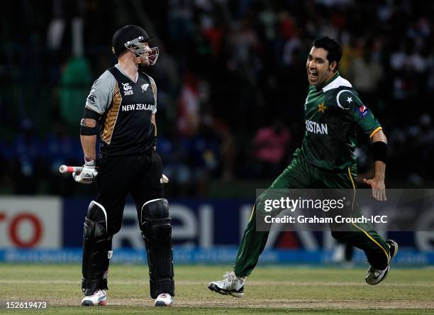 Umar Gul of Pakistan celebrates after bowling Brendon McCullum of New Zealand during the ICC World T20 Group D match between New Zealand and Pakistan...