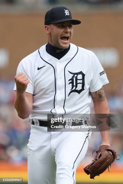 Alex Lange of the Detroit Tigers celebrates a combined no hitter after the final out against the Toronto Blue Jays for a 2-0 win at Comerica Park on...