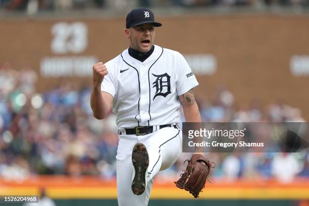Alex Lange of the Detroit Tigers celebrates a combined no hitter after the final out against the Toronto Blue Jays for a 2-0 win at Comerica Park on...