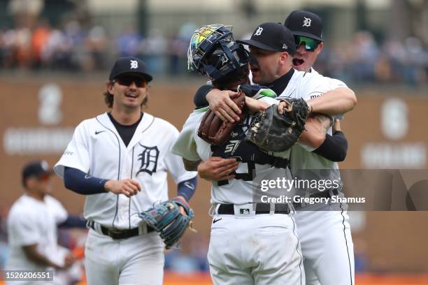 Alex Lange of the Detroit Tigers celebrates a combined no hitter with Eric Haase after the final out against the Toronto Blue Jays for a 2-0 win at...